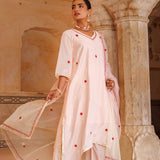 White Chanderi Salwar Set With Red Floral Motifs