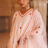 White Chanderi Salwar Set With Red Floral Motifs
