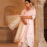 White Chanderi Salwar Set With Red Floral Motifs