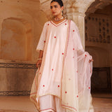 White Chanderi Salwar Set With Red Floral Motifs
