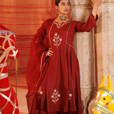 Rust Red Chanderi Anarkali With Star Embroidery