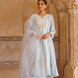 Ice Blue Chanderi Anarkali With Gold Motif Work