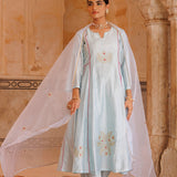Ice Blue Chanderi Anarkali With Gold Motif Work