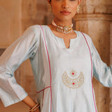 Ice Blue Chanderi Anarkali With Gold Motif Work