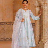 Ice Blue Chanderi Anarkali With Gold Motif Work