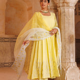 Sunny Yellow Chanderi Anarkali With Silver Embroidery