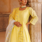 Sunny Yellow Chanderi Anarkali With Silver Embroidery