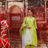 Lime Green Cotton Set With Red Floral Embroidery