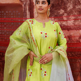 Lime Green Cotton Set With Red Floral Embroidery