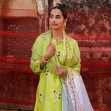 Lime Green Cotton Set With Red Floral Embroidery