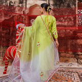 Lime Green Cotton Set With Red Floral Embroidery