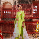 Lime Green Cotton Set With Red Floral Embroidery