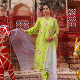 Lime Green Cotton Set With Red Floral Embroidery