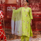 Lime Green Cotton Set With Red Floral Embroidery