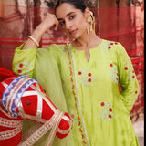 Lime Green Cotton Set With Red Floral Embroidery