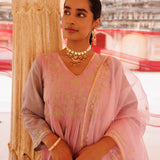 Dusty Rose Chanderi Anarkali With Golden Vine Work
