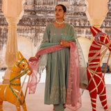 Sage Green Cotton Anarkali With Pink Floral Trim