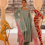 Sage Green Cotton Anarkali With Pink Floral Trim
