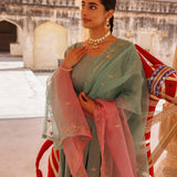 Sage Green Cotton Anarkali With Pink Floral Trim