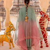 Sage Green Cotton Anarkali With Pink Floral Trim