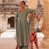Sage Green Cotton Anarkali With Pink Floral Trim