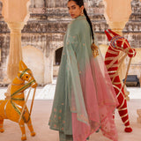 Sage Green Cotton Anarkali With Pink Floral Trim