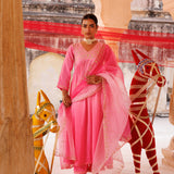 Bubblegum Pink Chanderi Anarkali With Golden Embroidery