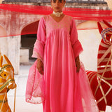 Bubblegum Pink Chanderi Anarkali With Golden Embroidery