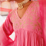 Bubblegum Pink Chanderi Anarkali With Golden Embroidery