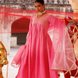 Bubblegum Pink Chanderi Anarkali With Golden Embroidery