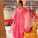 Bubblegum Pink Chanderi Anarkali With Golden Embroidery