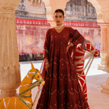 Deep Rust Tiered Anarkali With Sequin Waves