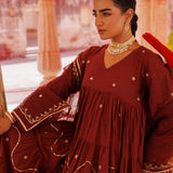 Deep Rust Tiered Anarkali With Sequin Waves