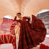 Deep Rust Tiered Anarkali With Sequin Waves