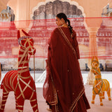 Deep Rust Tiered Anarkali With Sequin Waves