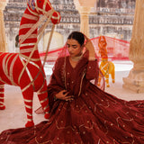 Deep Rust Tiered Anarkali With Sequin Waves
