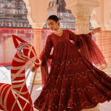 Deep Rust Tiered Anarkali With Sequin Waves