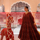 Deep Rust Tiered Anarkali With Sequin Waves