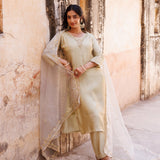 Cream White Silk Set With Golden Paisley Yoke