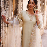 Cream White Silk Set With Golden Paisley Yoke