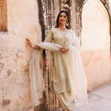 Cream White Silk Set With Golden Paisley Yoke