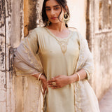 Cream White Silk Set With Golden Paisley Yoke