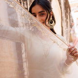 Cream White Silk Set With Golden Paisley Yoke