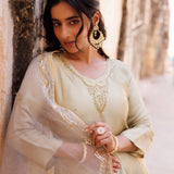 Cream White Silk Set With Golden Paisley Yoke