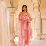 Peach Floral Print Cotton Co-Ord With Scalloped Dupatta