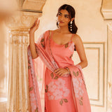 Peach Floral Print Cotton Co-Ord With Scalloped Dupatta