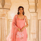 Peach Floral Print Cotton Co-Ord With Scalloped Dupatta