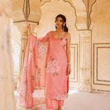 Peach Floral Print Cotton Co-Ord With Scalloped Dupatta