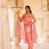 Peach Floral Print Cotton Co-Ord With Scalloped Dupatta