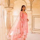 Peach Floral Print Cotton Co-Ord With Scalloped Dupatta